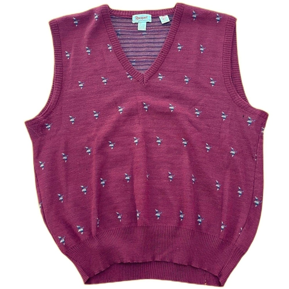 Racquet Burgundy Wool Bird Duck Sweater Vest Large Made in Italy V-Neck Vintage